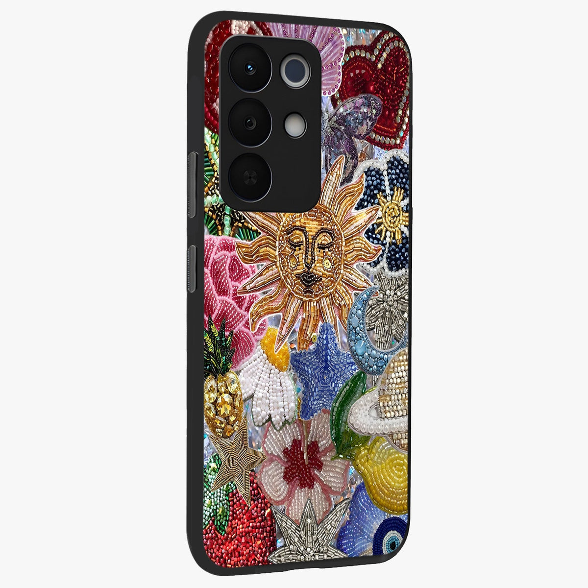 Celestial Floral and Playful Glass Case upright view showcasing whimsical floral artwork with cosmic aesthetic theme.