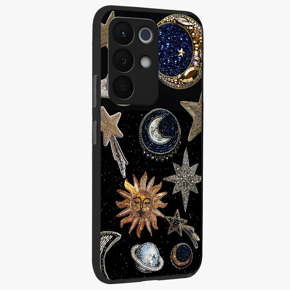 Celestial Gem Constellations Glass Case upright view showcasing cosmic constellation artwork with celestial aesthetic style.