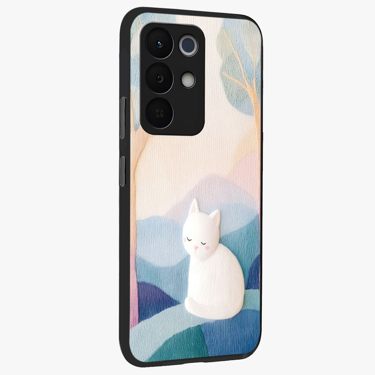 Cotton Dream Cat Glass Case upright view showcasing charming cat artwork with cozy dreamy theme.