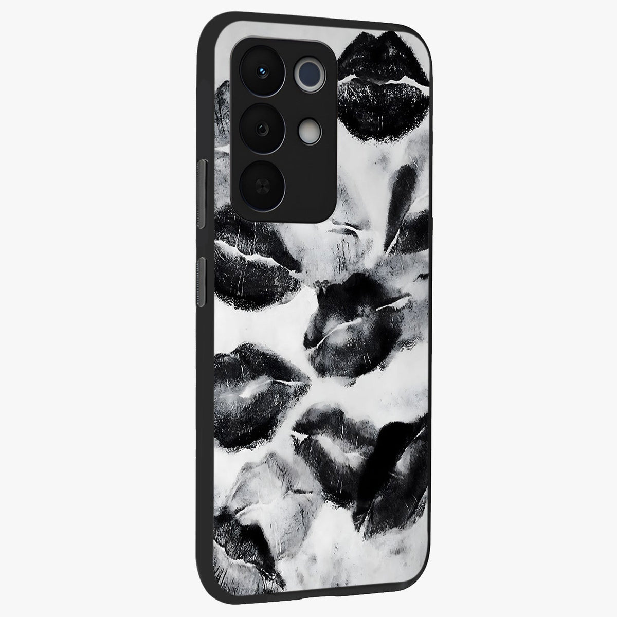 Midnight Kiss Marks Glass Case upright view showcasing stylish kiss mark artwork with trendy romantic theme.