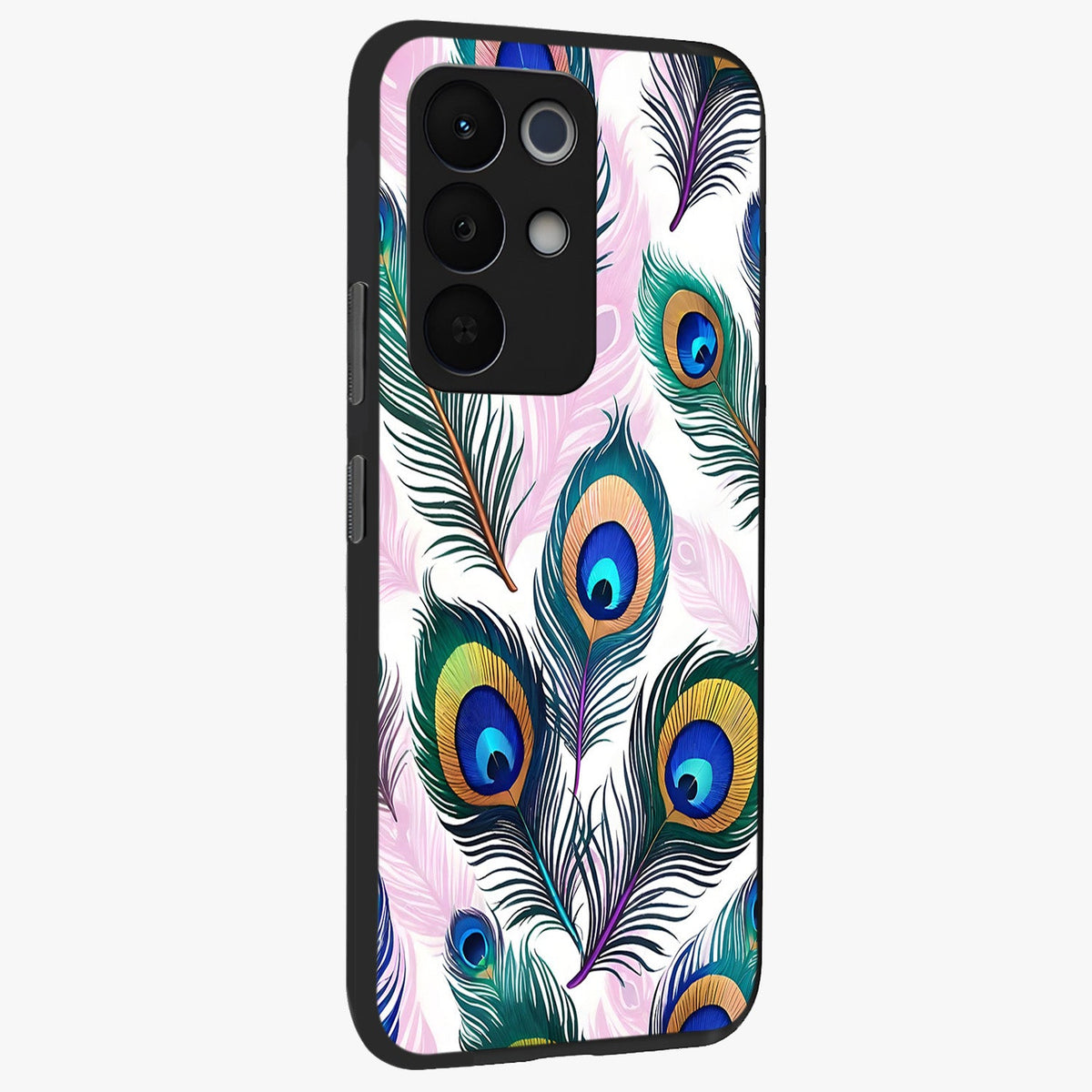 Royal Peacock Feathers Glass Case upright view showcasing elegant peacock feather artwork with decorative royal theme.