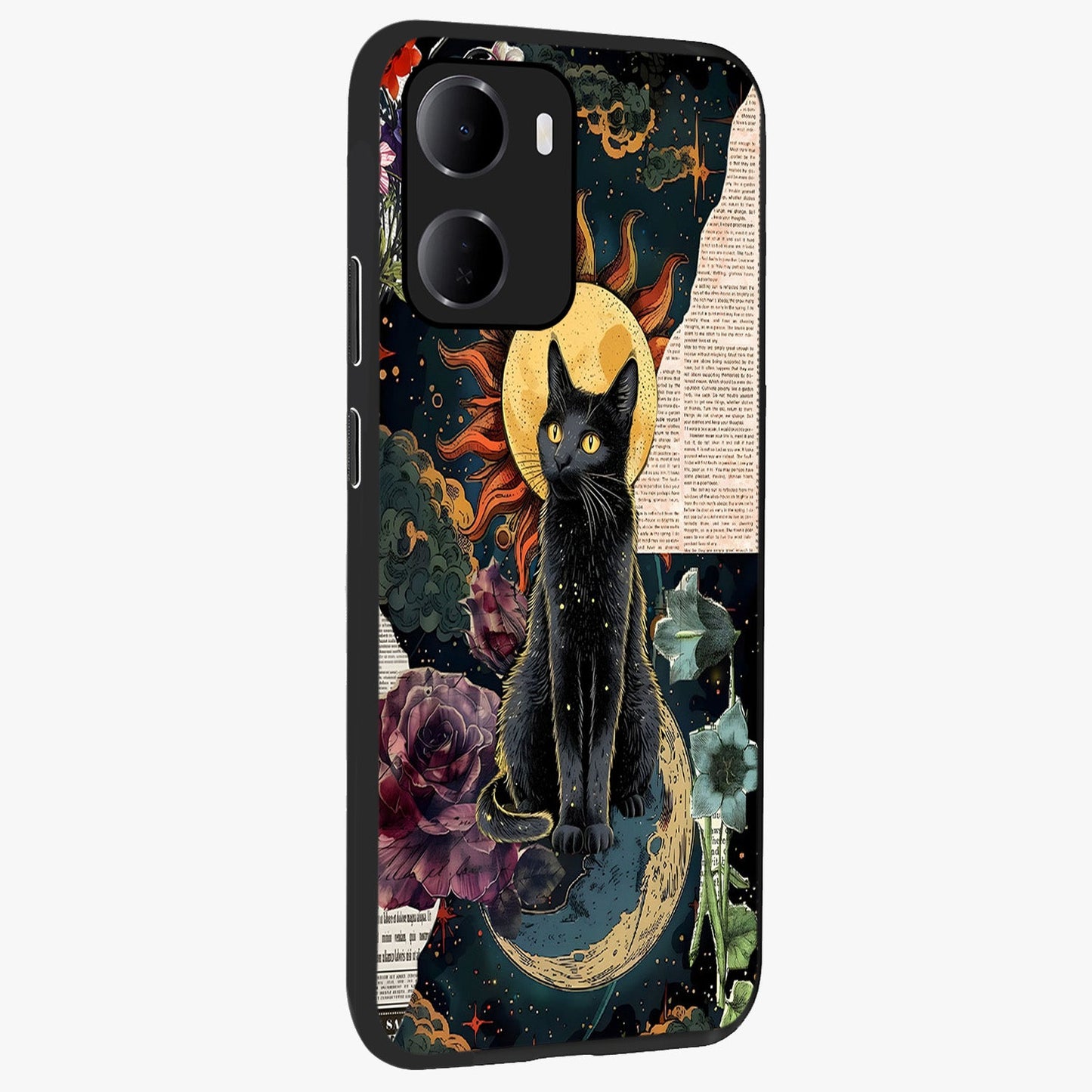 Celestial Black Cat Glass Case upright view showcasing magical black cat illustration with starry cosmic theme.