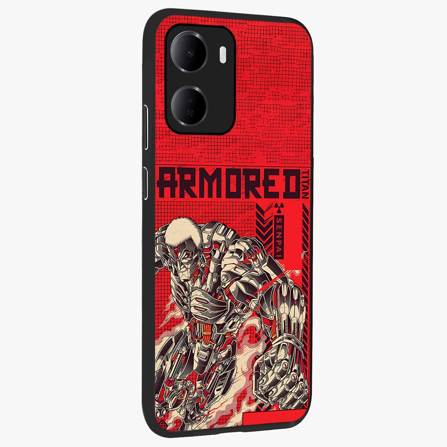 Crimson Mecha Titan Glass Case upright view showcasing dynamic robotic titan design with sci-fi inspired theme.