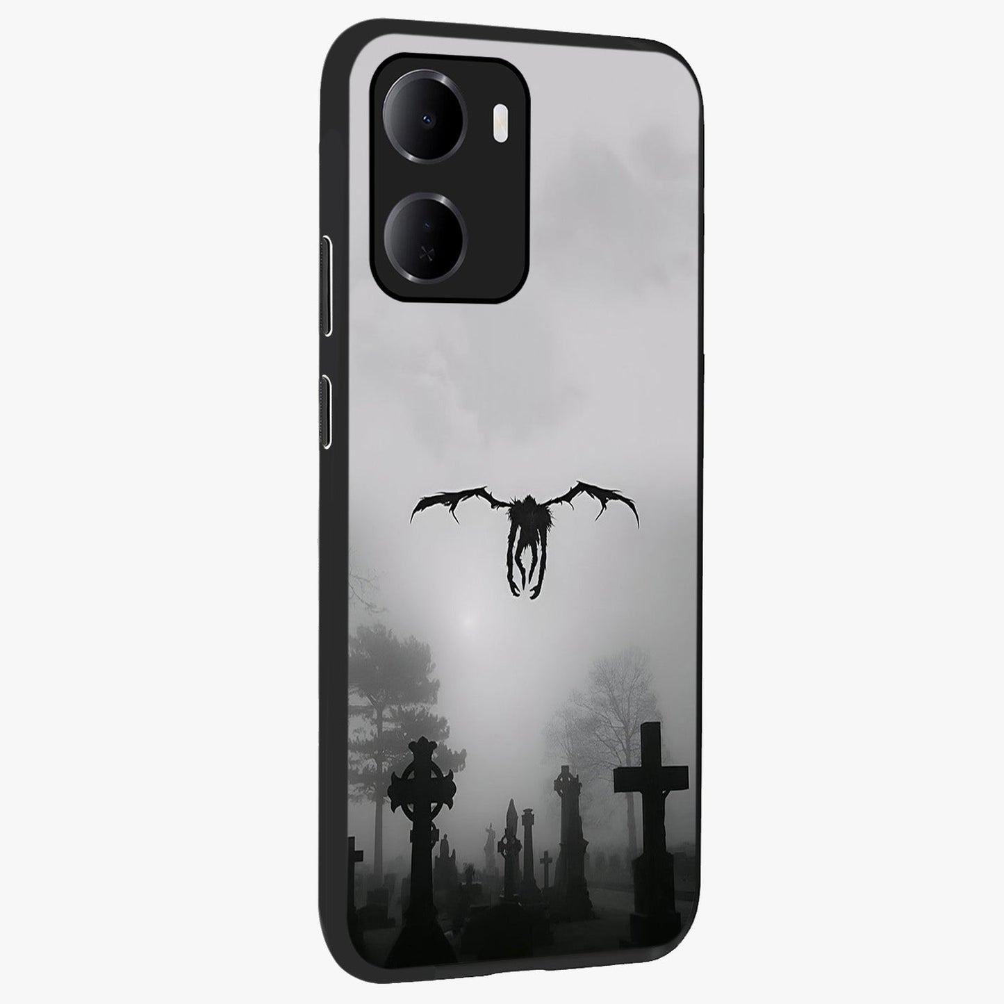 Graveyard Shadow Descent Glass Case upright view showcasing haunting graveyard artwork with dramatic dark theme.
