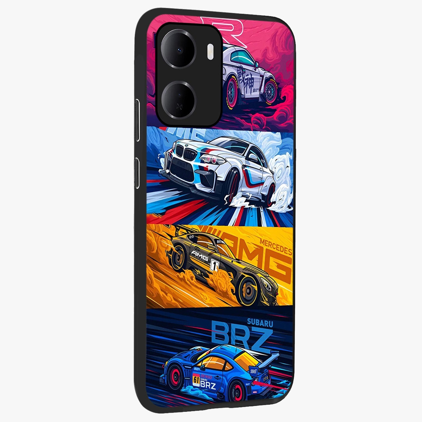 JDM Sports Car Glass Case upright view showcasing dynamic sports car artwork with bold racing theme.