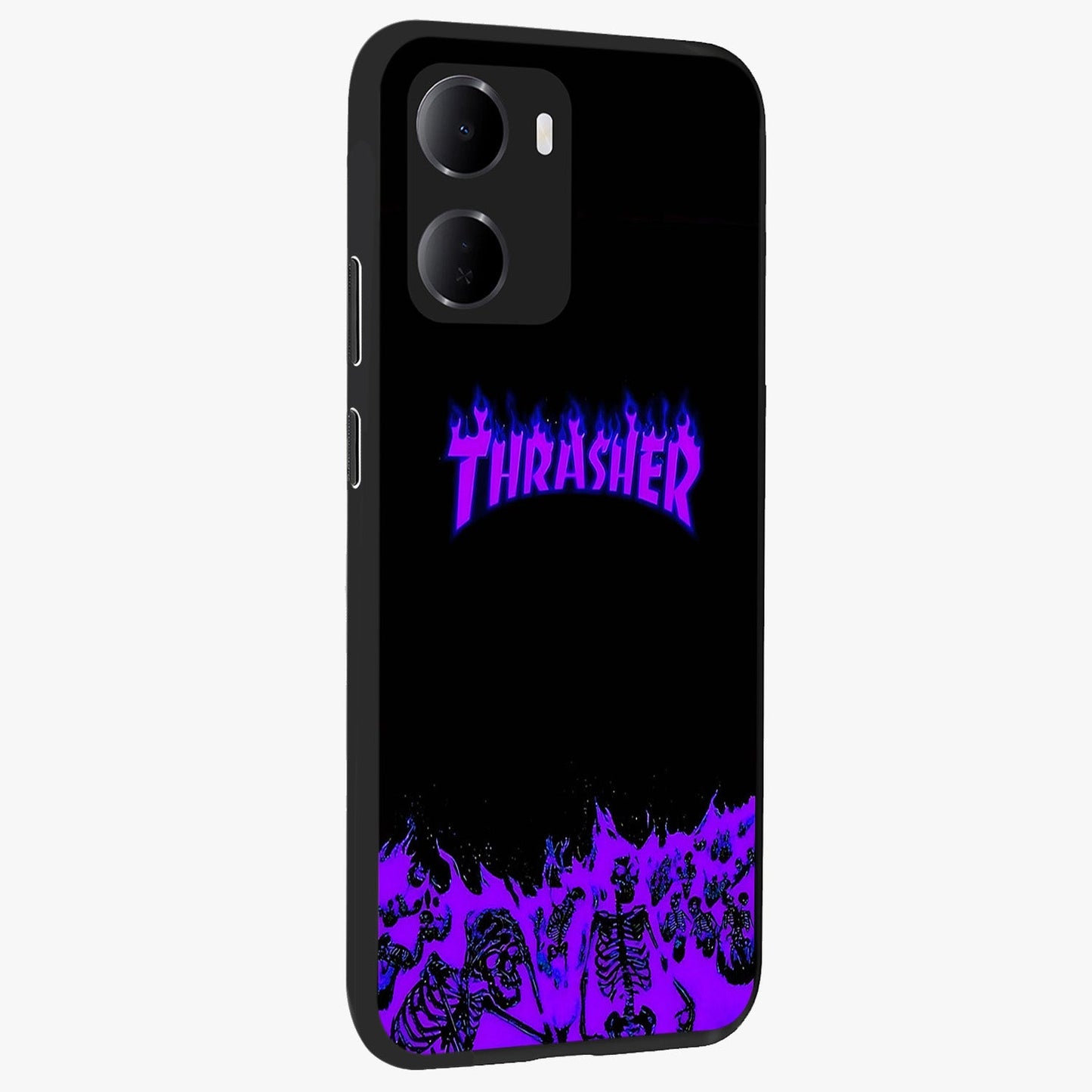 Neon Flame Riot Glass Case upright view showcasing dynamic flame artwork with energetic neon theme.