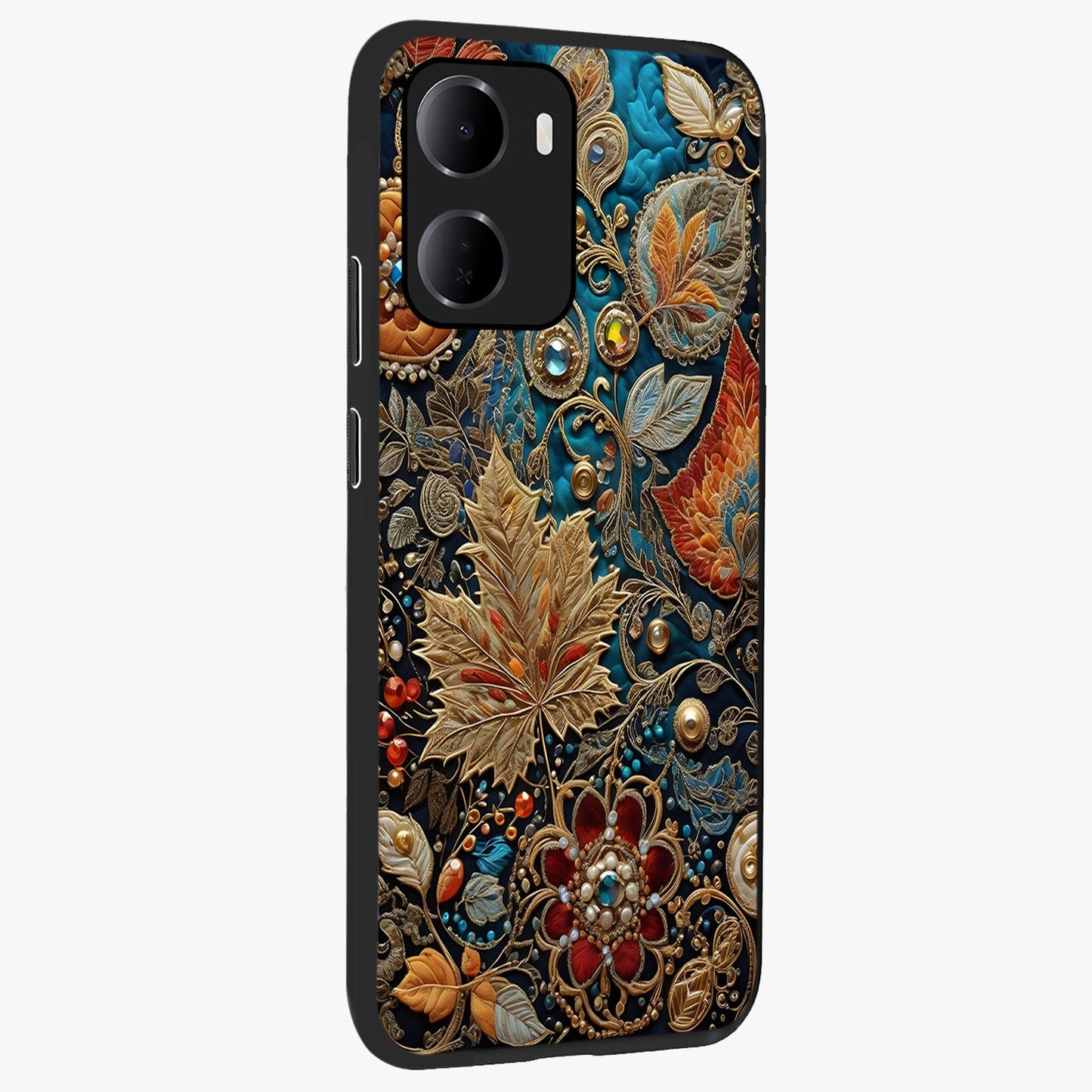 Royal Jewel Garden Glass Case upright view showcasing rich floral artwork with luxurious garden theme.