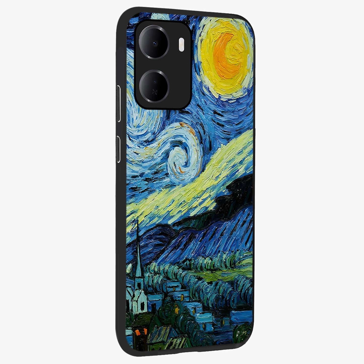 Van Gogh Art Glass Case upright view showcasing expressive painting style artwork with timeless artistic theme.