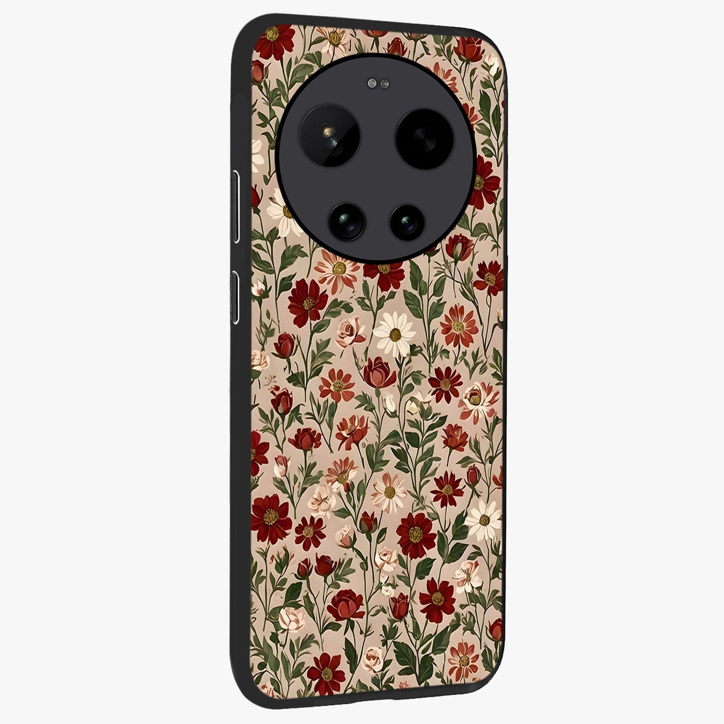 Biege Flower With Leaf Glass Case upright view showcasing delicate beige flower illustration with clean botanical style.