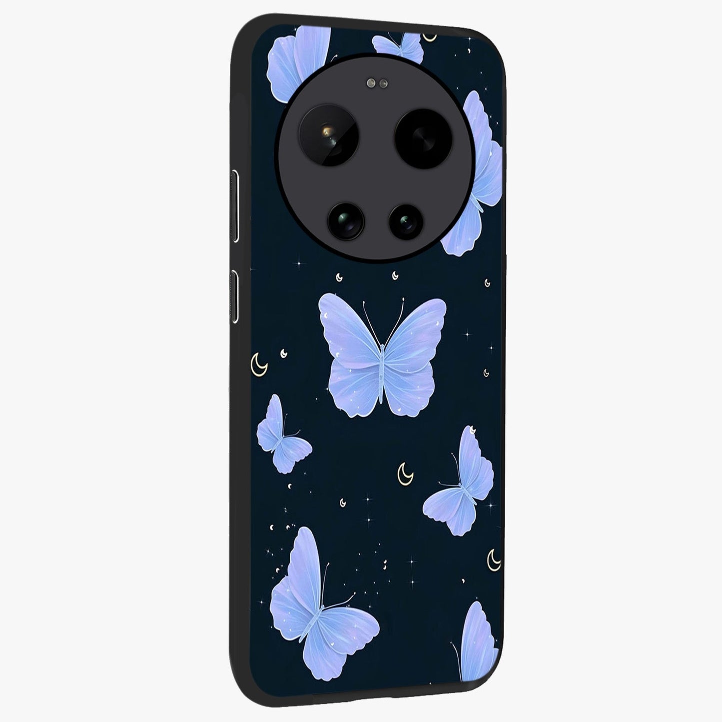 Butterfly With Stars Pattern Glass Case upright view showcasing celestial butterfly artwork with sparkling star elements.