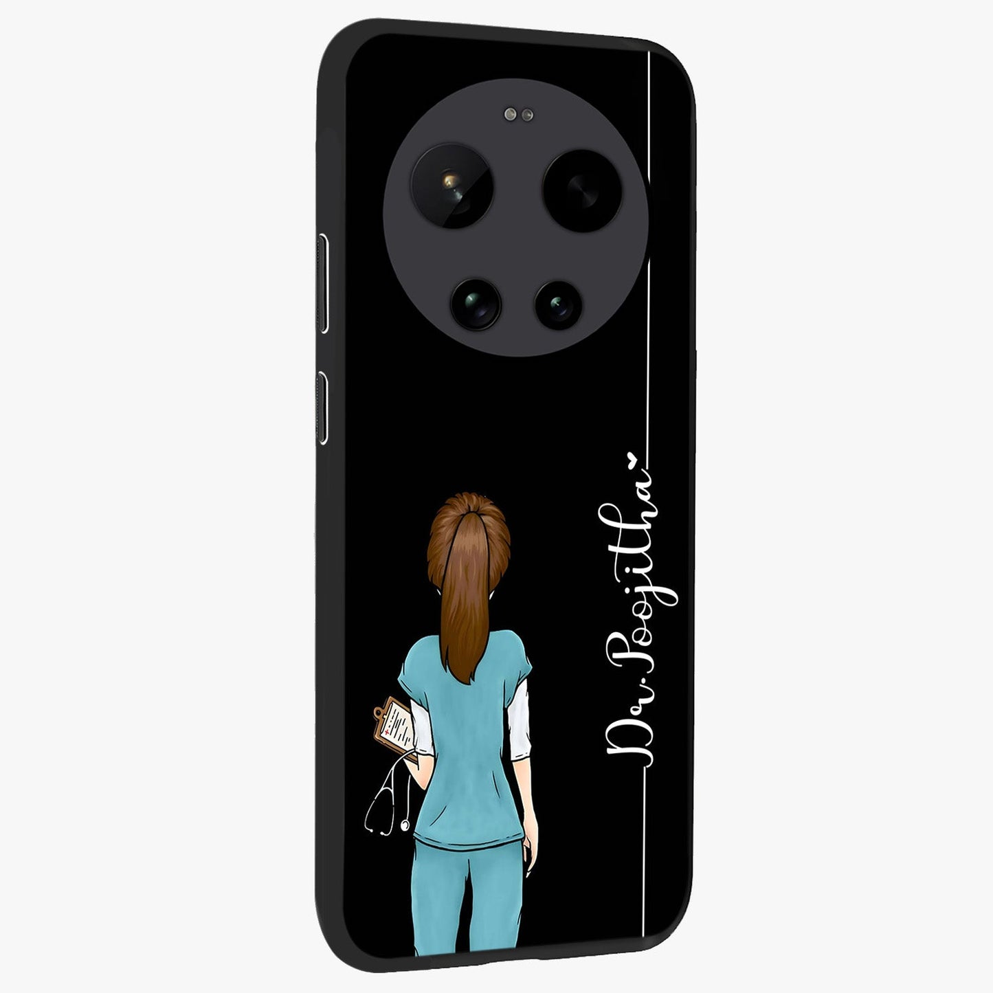 Doctor Pattern Custom Name Glass Case upright view showcasing healthcare themed design with personalized aesthetic.