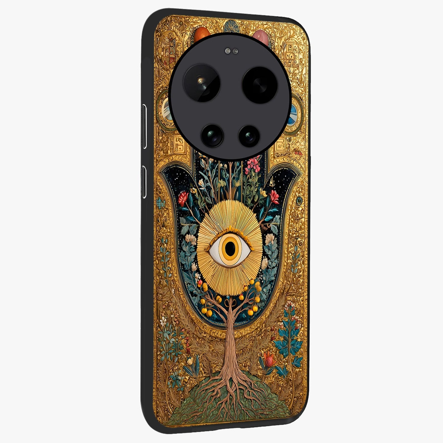 Ethereal Evil Eye Glass Case upright view showcasing celestial evil eye artwork with mystical theme.