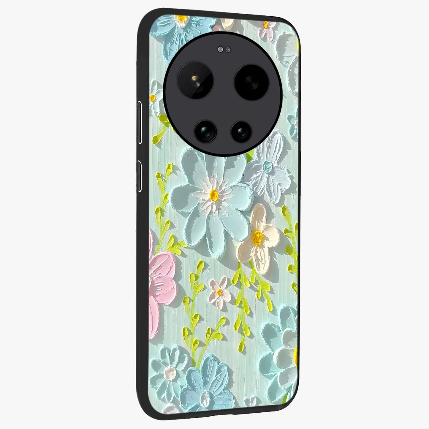 Frosted Petal Garden Glass Case upright view showcasing elegant floral garden artwork with soothing pastel theme.