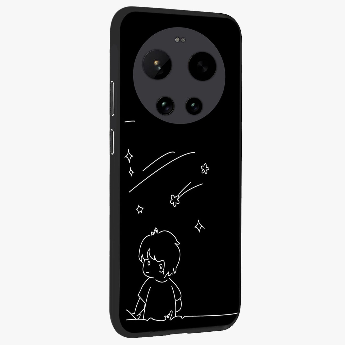 Line Art Boy With Shooting Stars Glass Case upright view showcasing artistic shooting star illustration with minimal style.