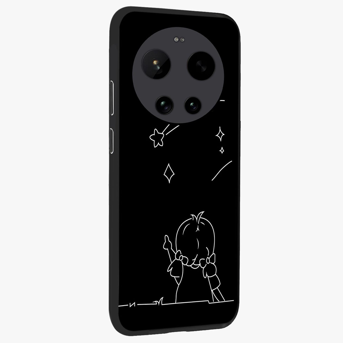 Line Art Girl With Shooting Stars Glass Case upright view showcasing delicate shooting stars artwork with minimal artistic theme.