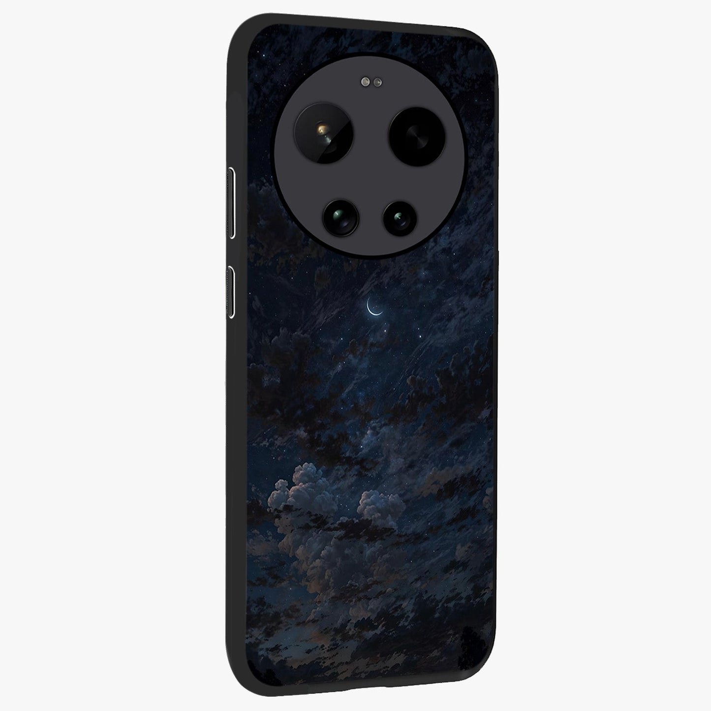 Lunar Veil Silence Glass Case upright view showcasing calm moon themed artwork with serene night atmosphere.