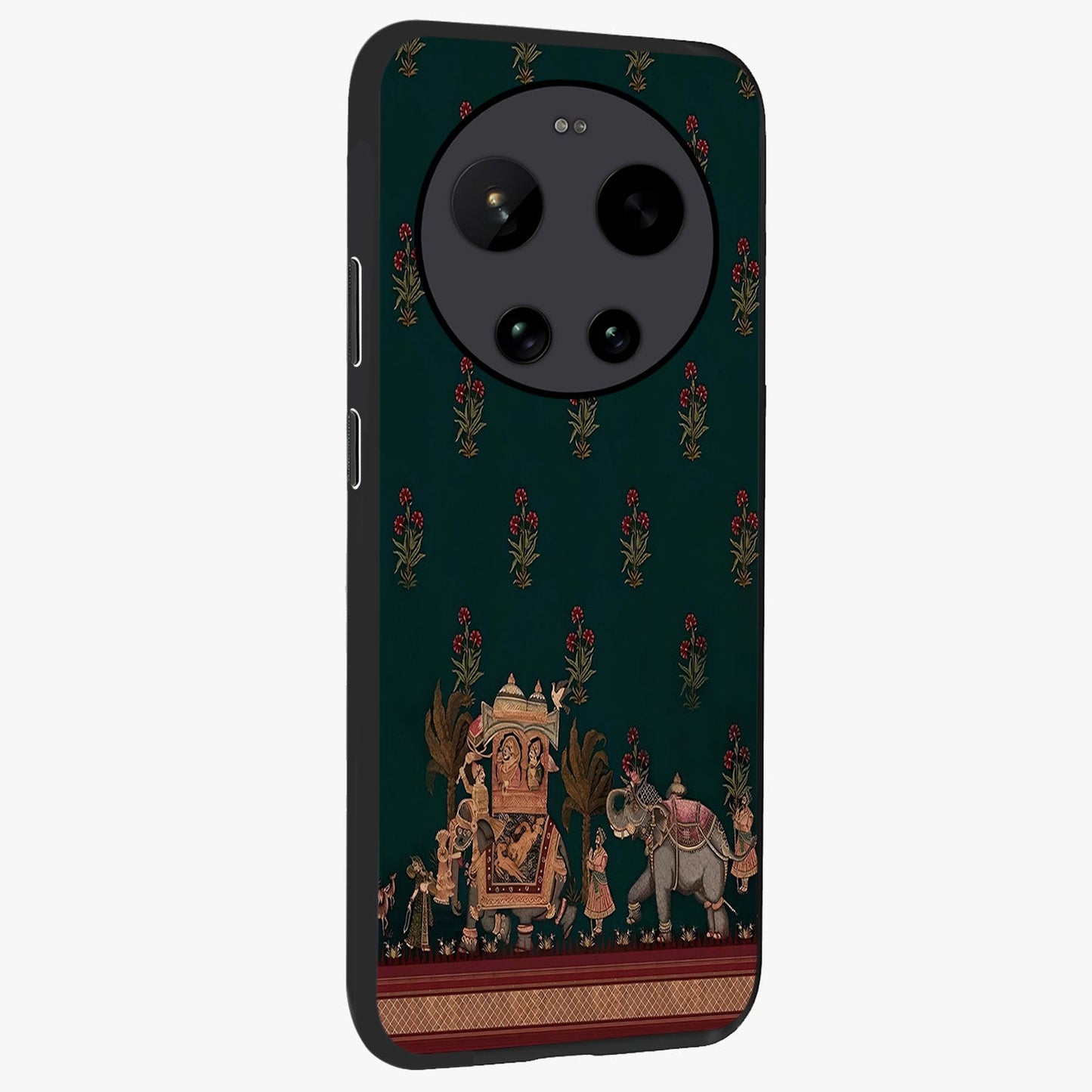 Macmerise Glass Case upright view showcasing bold artistic artwork with contemporary design theme.