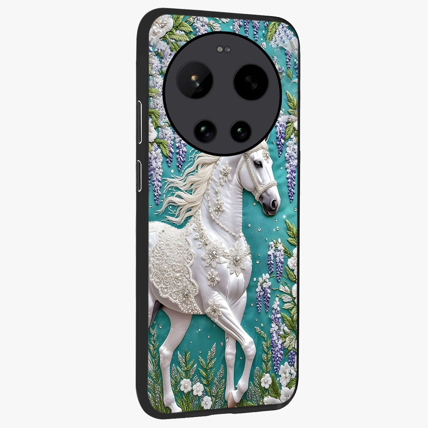 Majestic Floral Stallion Glass Case upright view showcasing dramatic horse artwork with decorative floral theme.