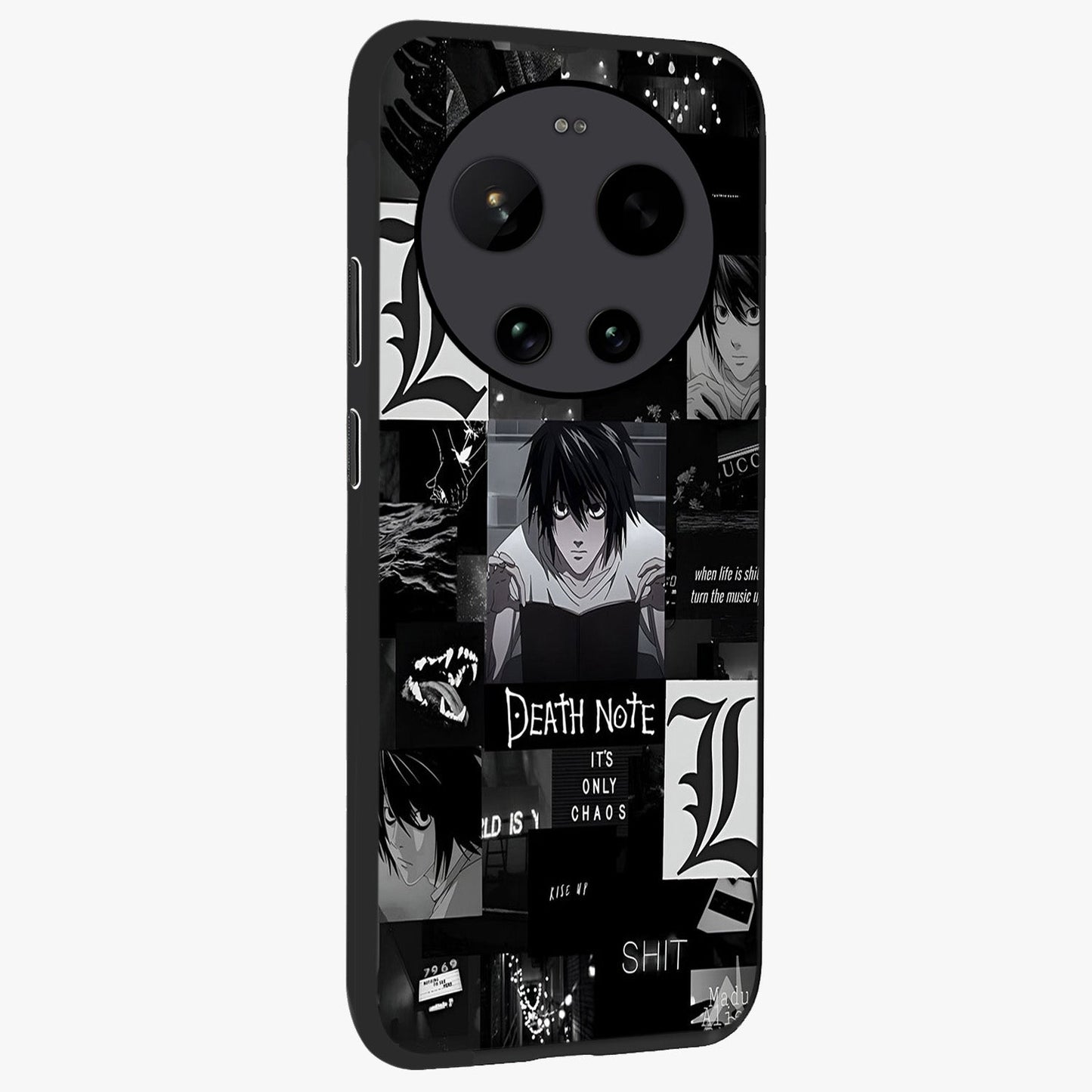 Midnight Chaos Mind Glass Case upright view showcasing expressive abstract artwork with bold dark theme.