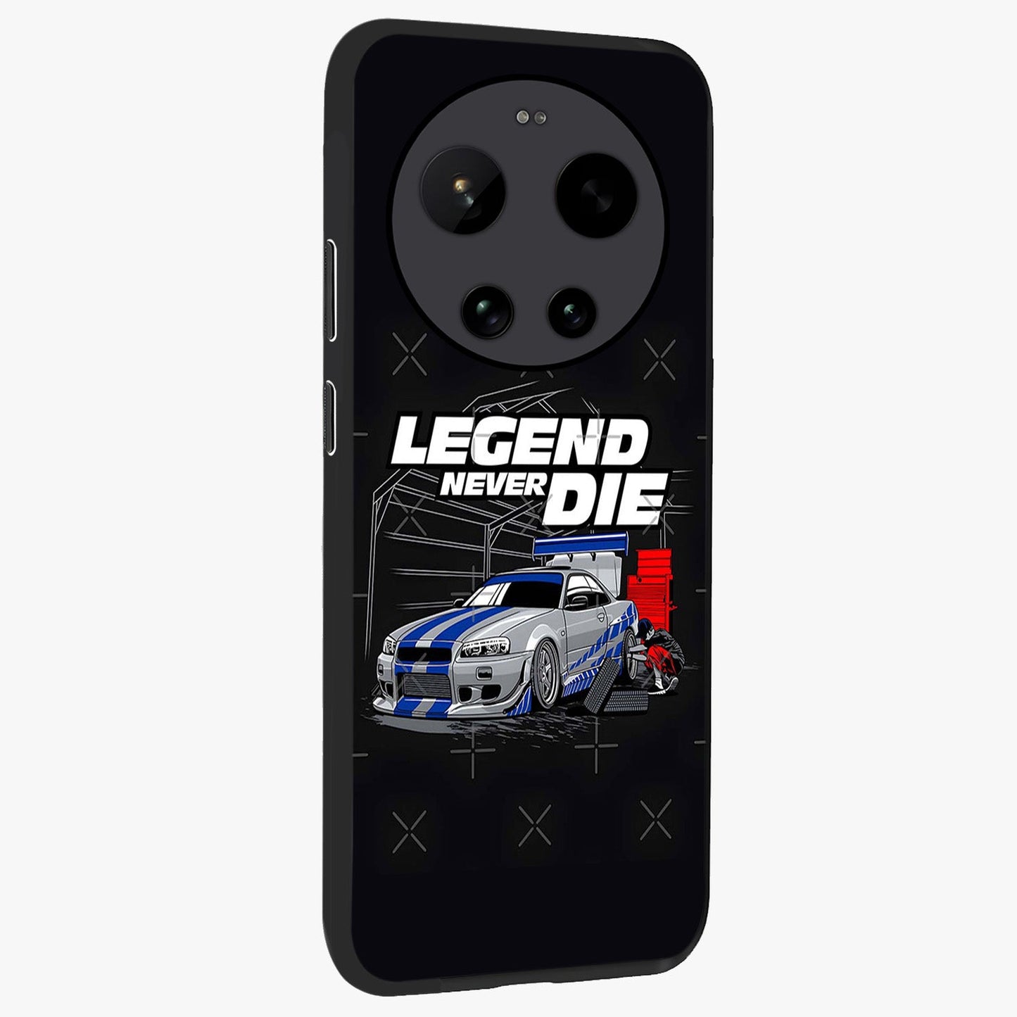 Midnight Racing Legacy Glass Case upright view showcasing powerful racing artwork with modern sports theme.