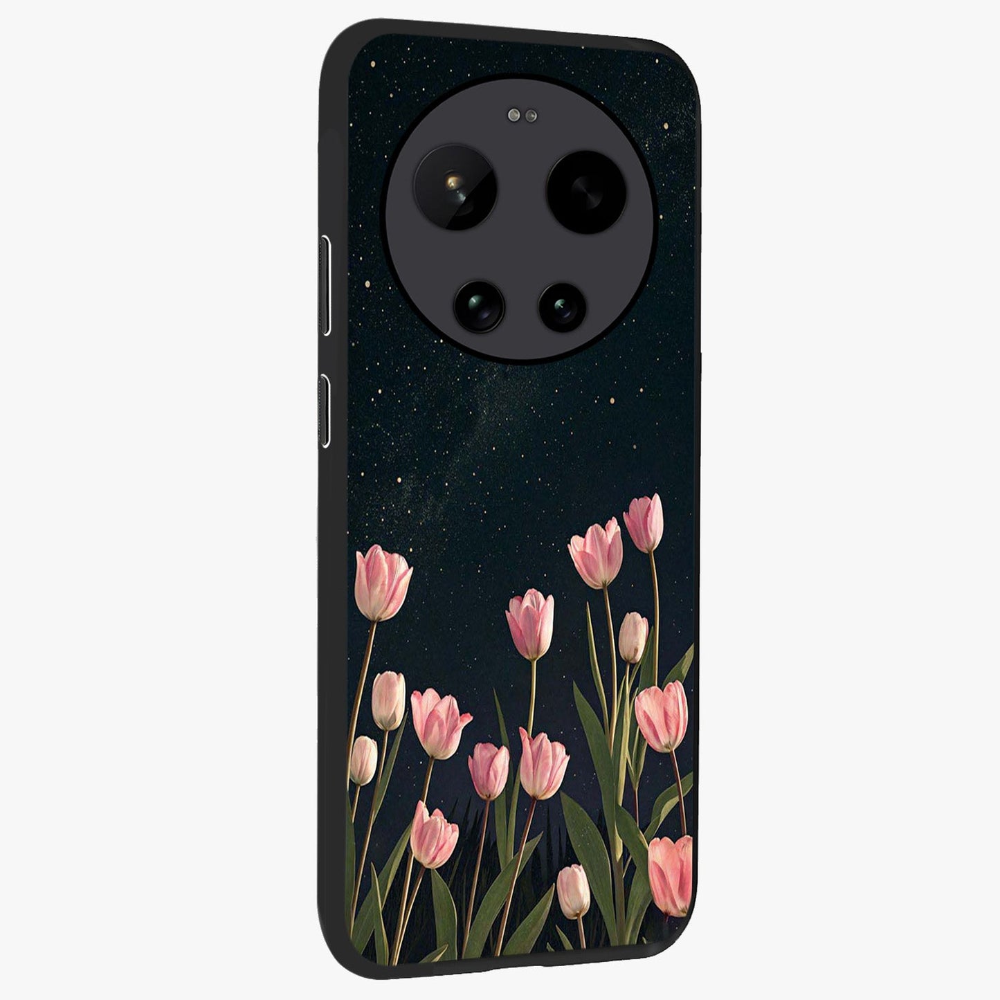 Midnight Tulip Whispers Vibe Glass Case upright view showcasing graceful tulip artwork with calm botanical theme.