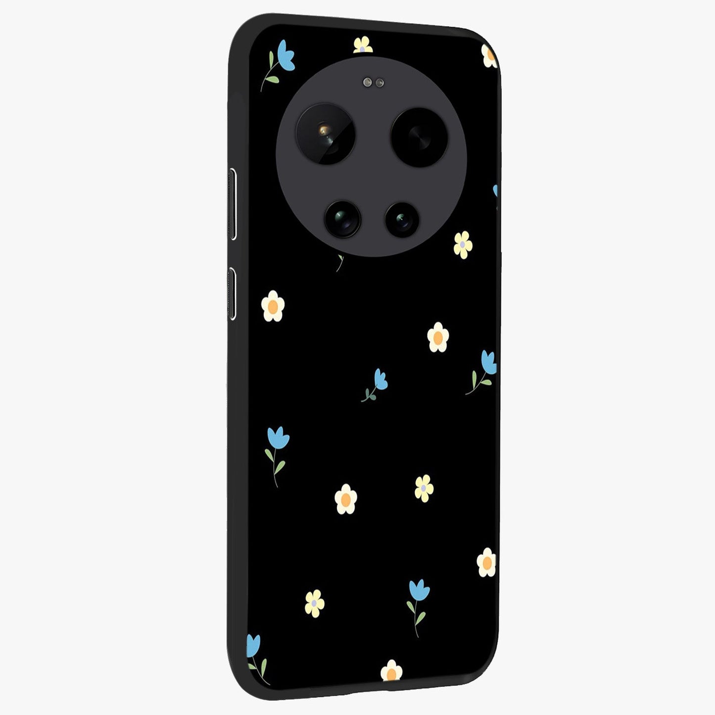 Minimal Petal Whispers Glass Case upright view showcasing elegant floral artwork with modern minimalist style.