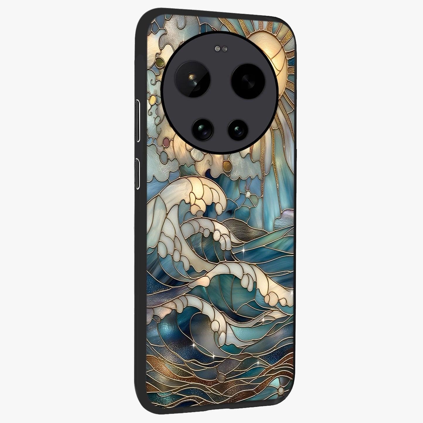 Oceanic Stained Printed Glass Case upright view showcasing decorative ocean pattern artwork with vibrant marine theme.