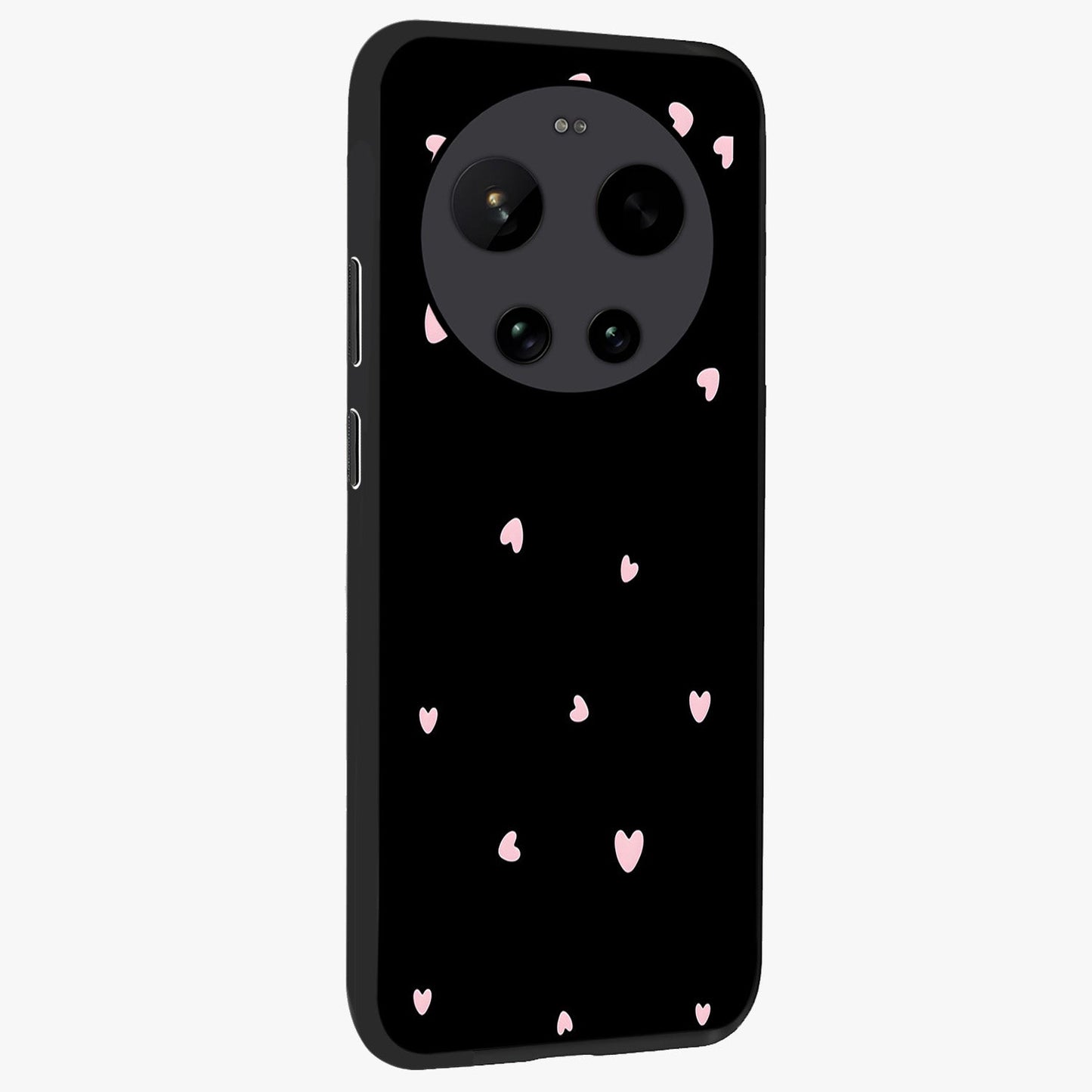 Pink Love Drops Glass Case upright view showcasing charming heart drop artwork with romantic playful theme.