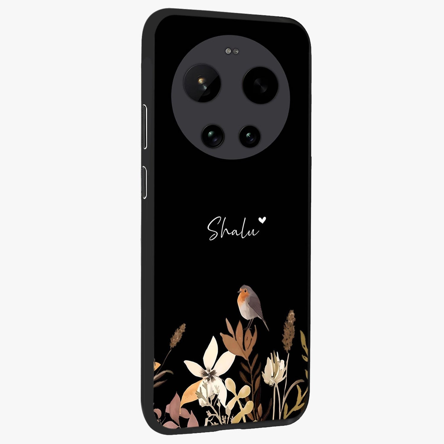 Quiet Garden Tune Custom Name Glass Case upright view showcasing serene botanical artwork with personalized aesthetic.