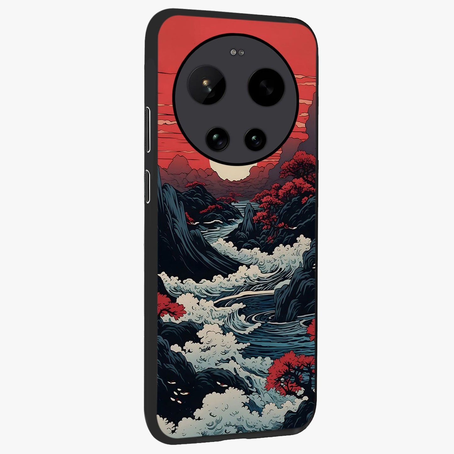 Red Sunset Scenery Glass Case upright view showcasing dramatic sunset scenery artwork with warm nature theme.