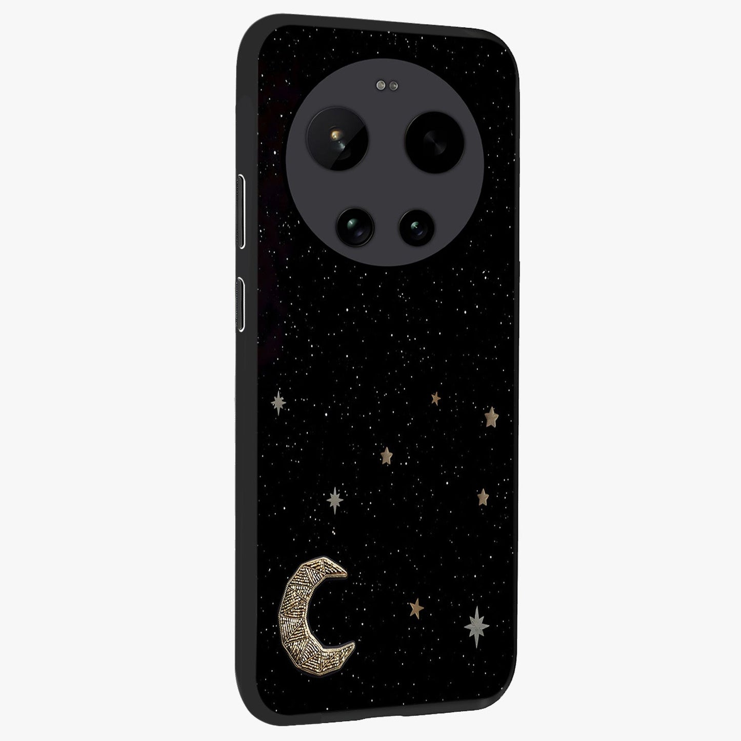 Twinkle Star With Half Moon Glass Case upright view showcasing glowing cosmic artwork with dreamy night theme.