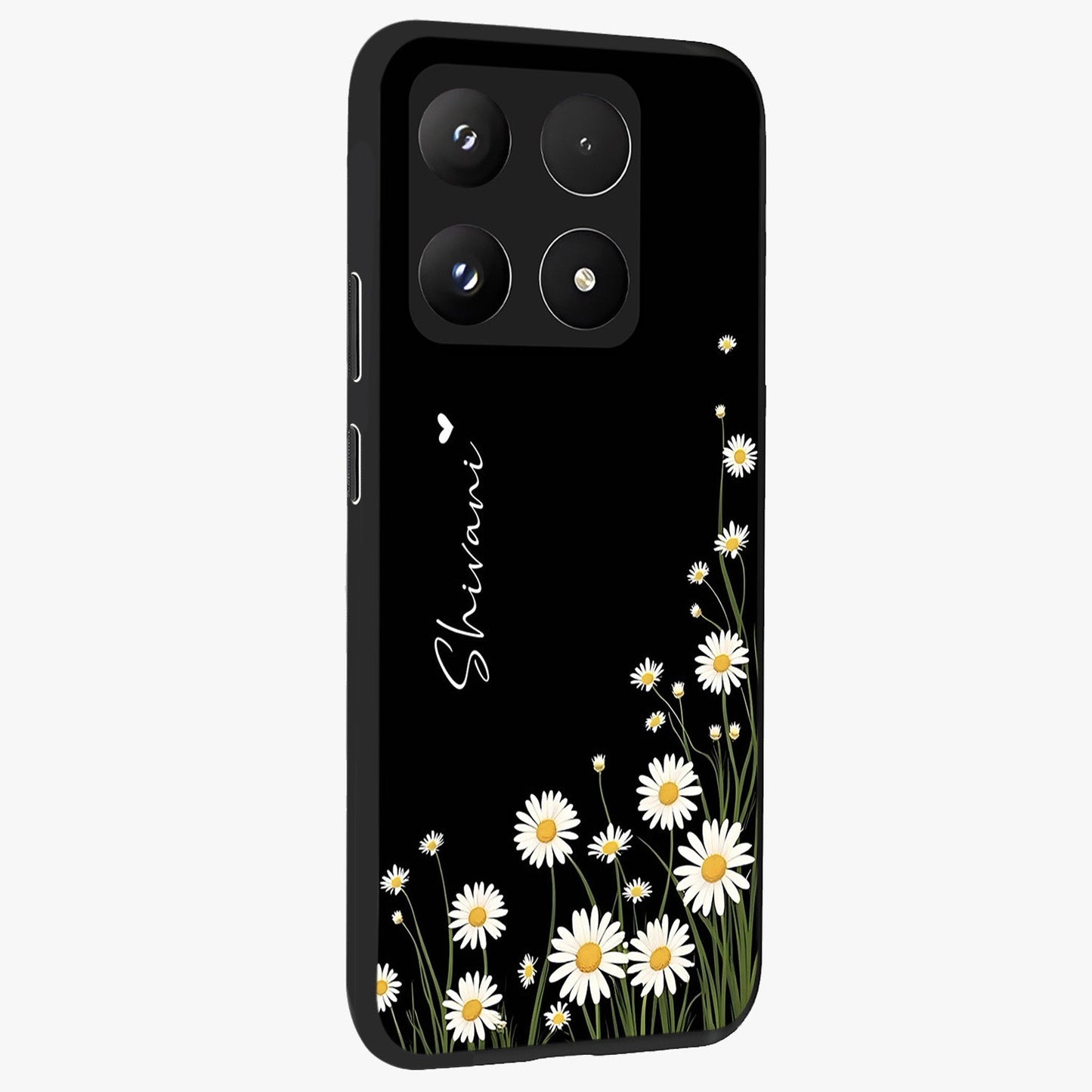 Daisy Cascade Custom Name Glass Case upright view showcasing elegant floral cascade design with personalized aesthetic.