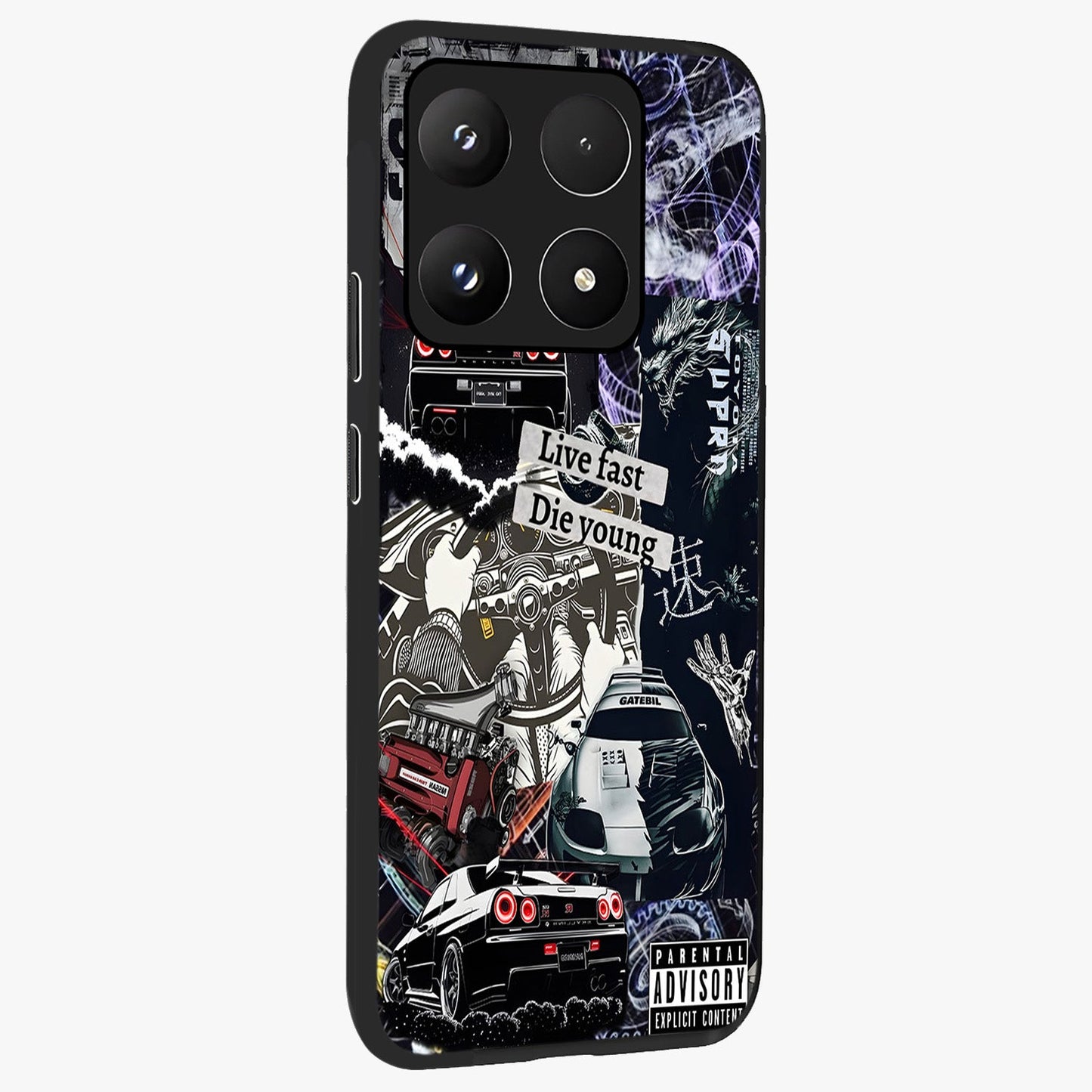 Die Young Glass Case upright view showcasing striking typography artwork with modern statement theme.