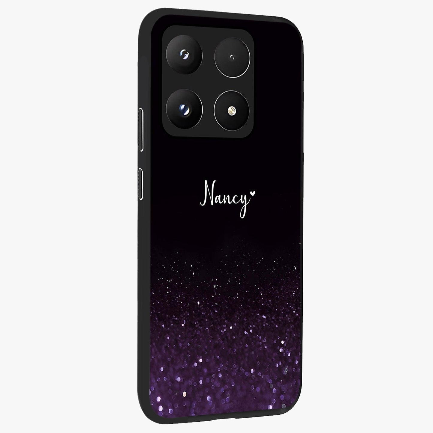 Glittery Purple Bokeh Custom Name Glass Case upright view showcasing vibrant purple sparkle artwork with personalized aesthetic style.