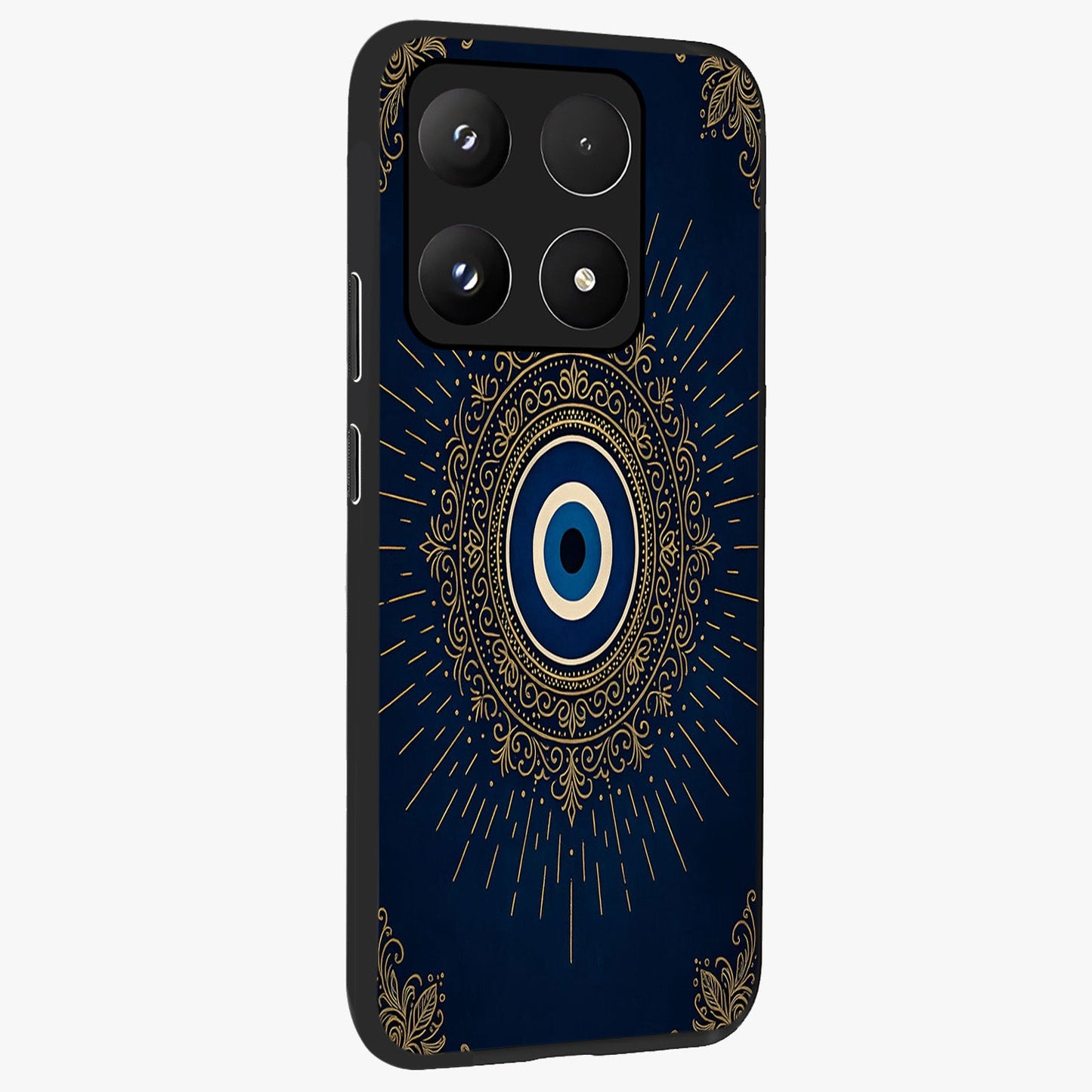 Golden Celestial Charm Glass Case upright view showcasing radiant celestial artwork with elegant golden theme.