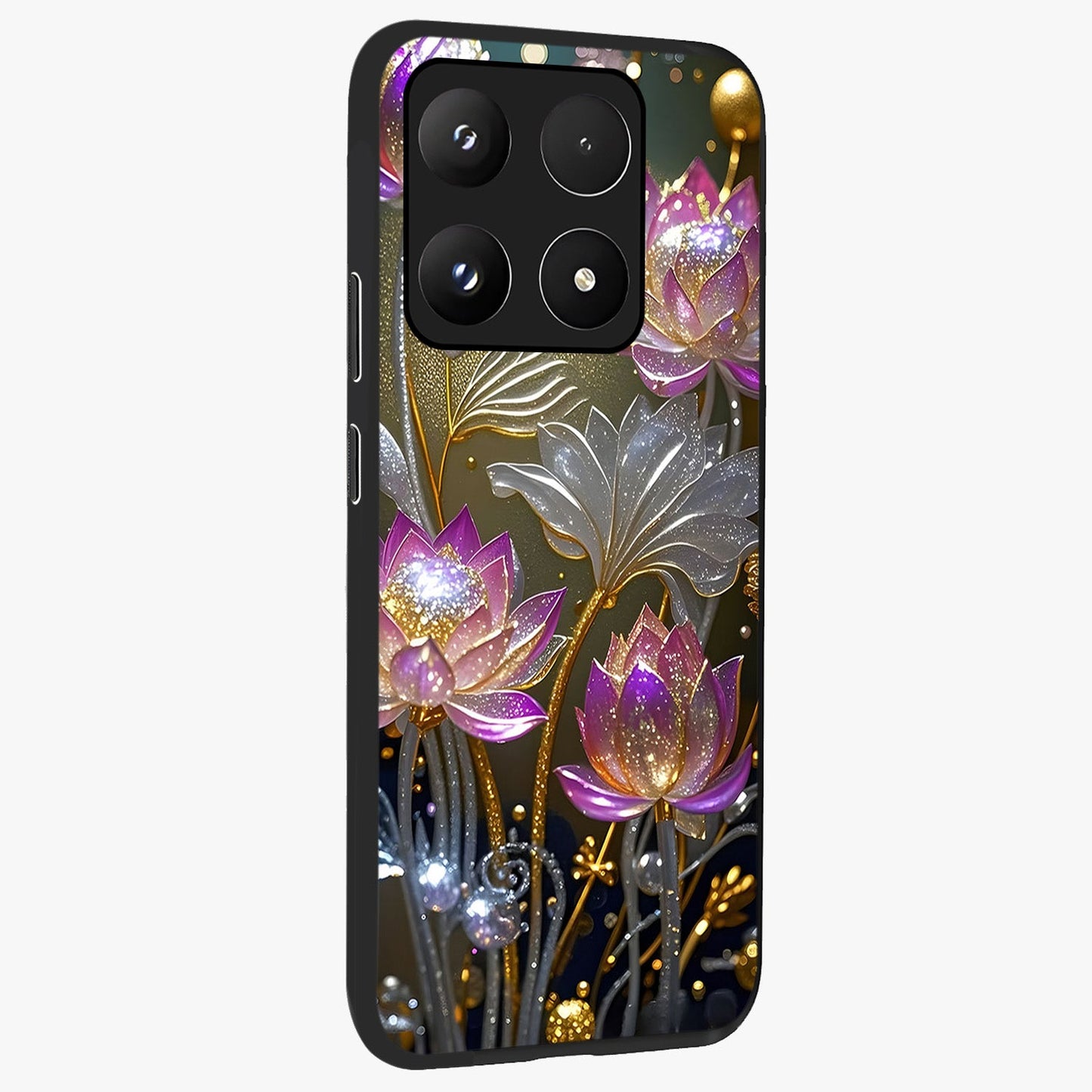 Golden Floral Majesty Glass Case upright view showcasing majestic floral artwork with rich decorative theme.