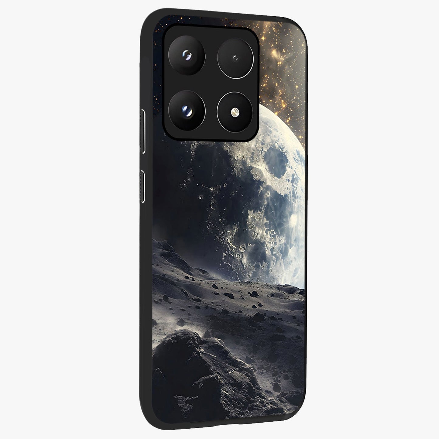 Lunar Horizon Glow Glass Case upright view showcasing radiant lunar artwork with calm cosmic theme.