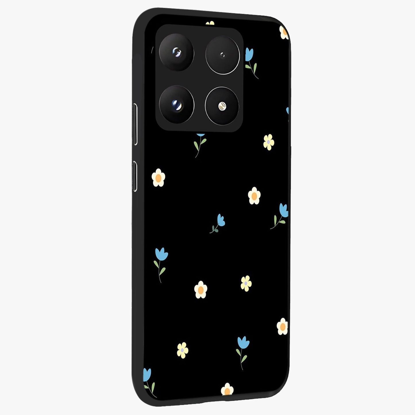 Minimal Petal Whispers Glass Case upright view showcasing elegant floral artwork with modern minimalist style.