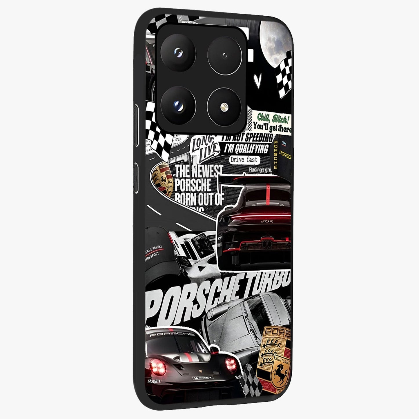 Porsche Racing Collage Glass Case upright view showcasing energetic car collage artwork with high speed racing theme.