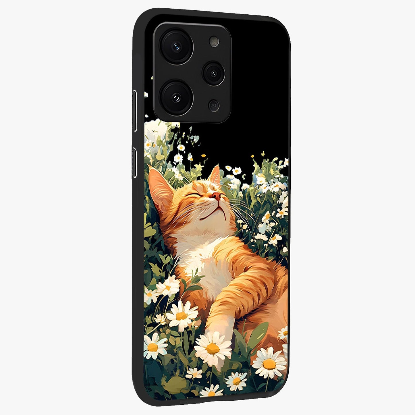 Blissful Bloom Cat Glass Case upright view showcasing charming cat design surrounded by blooming floral elements.