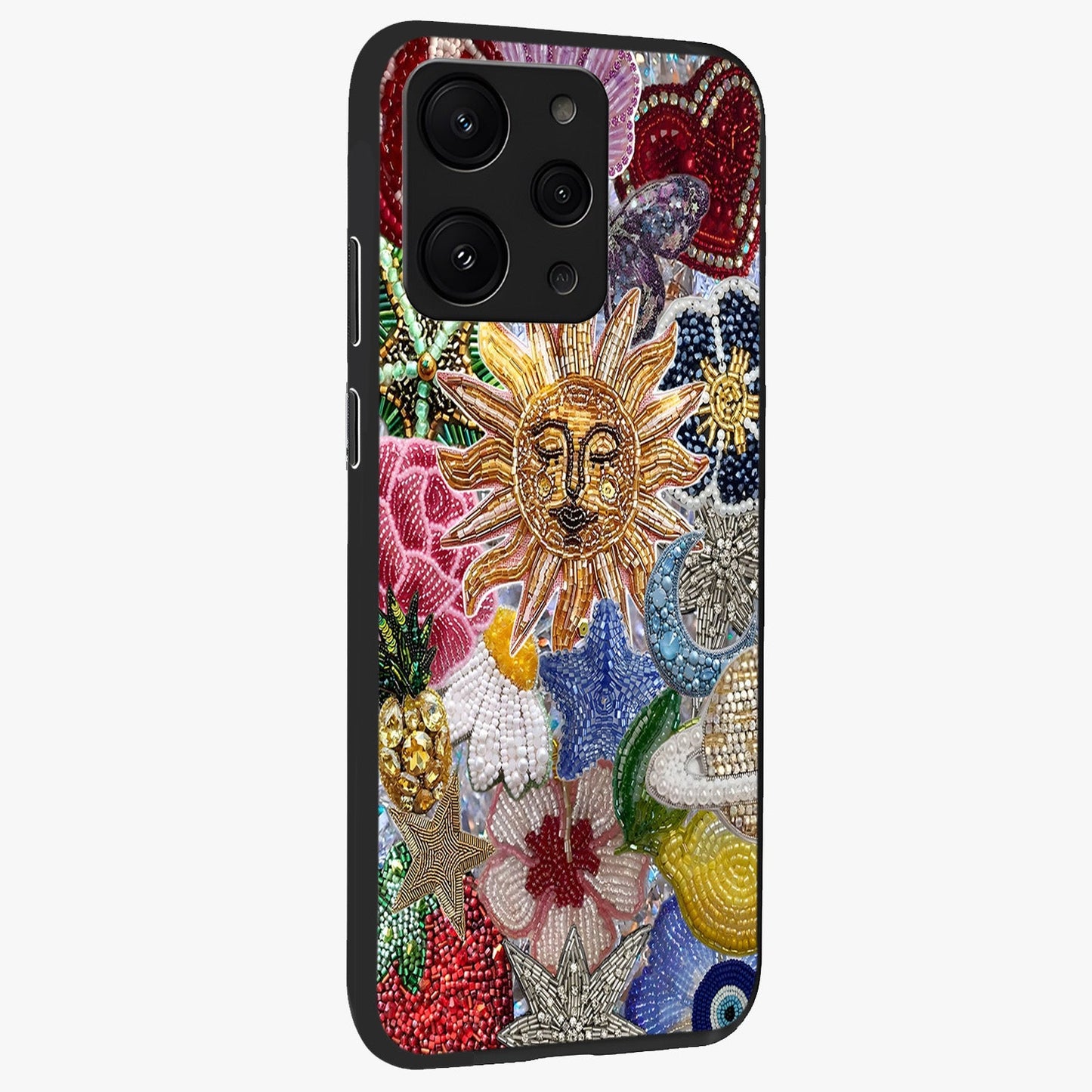 Celestial Floral and Playful Glass Case upright view showcasing whimsical floral artwork with cosmic aesthetic theme.