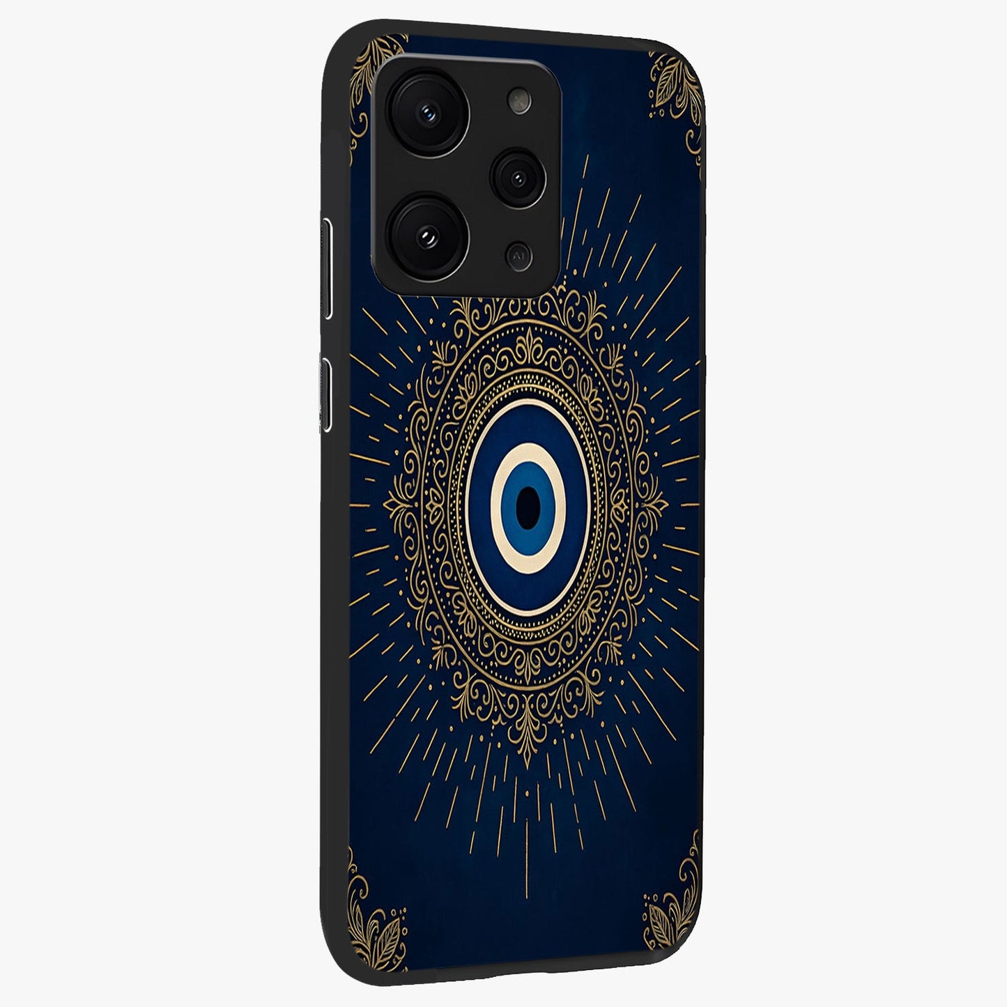 Golden Celestial Charm Glass Case upright view showcasing radiant celestial artwork with elegant golden theme.