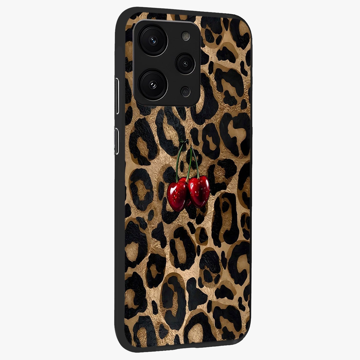 Leopard Wild Cherry Glass Case upright view showcasing stylish leopard pattern artwork with trendy fashion theme.