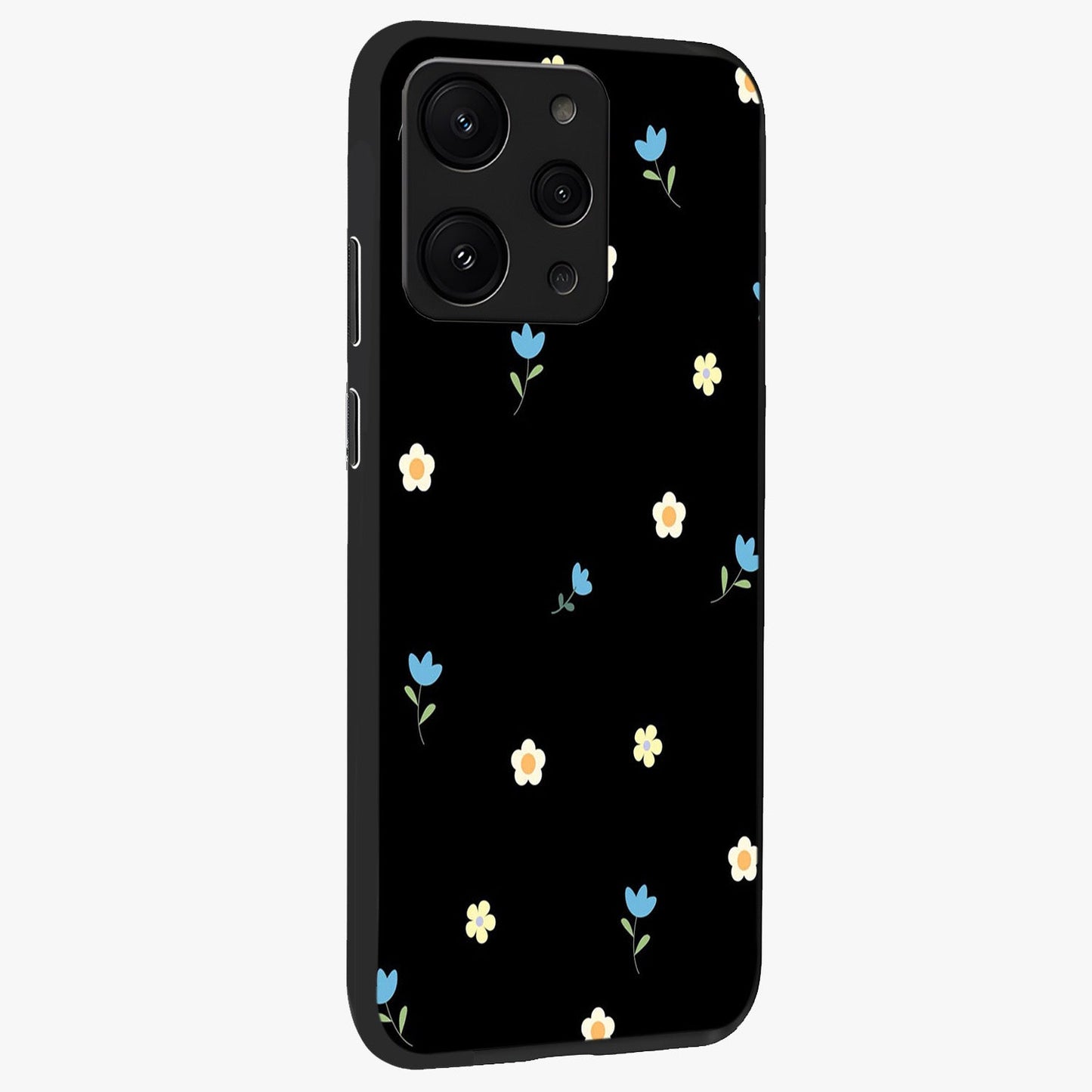 Minimal Petal Whispers Glass Case upright view showcasing elegant floral artwork with modern minimalist style.