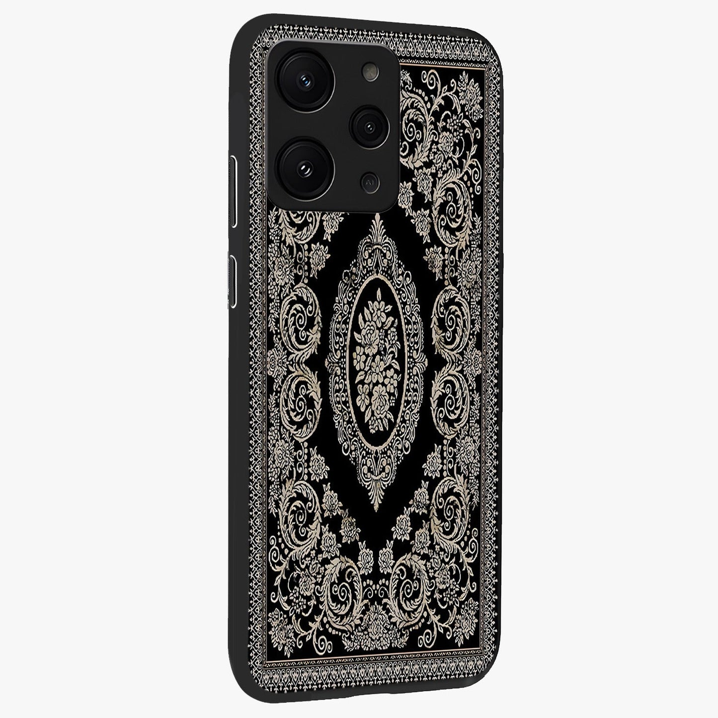 Noir Bloom Elegance Glass Case upright view showcasing graceful floral artwork with luxurious dark theme.