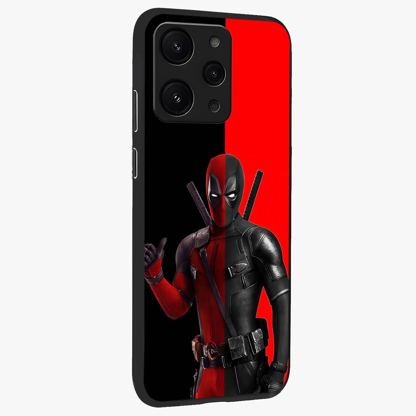 Red & Black Deadpool Theme Glass Case upright view showcasing energetic comic themed artwork with striking red and black design.
