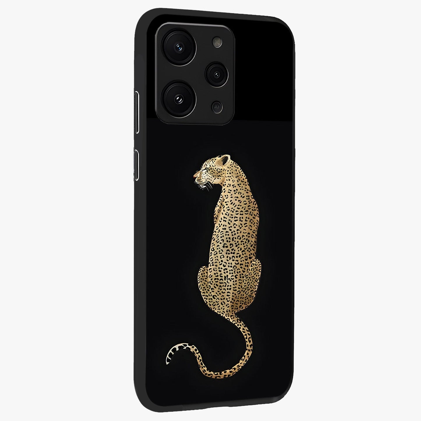 Regal Leopard Glass Case upright view showcasing striking leopard artwork with fierce wildlife theme.