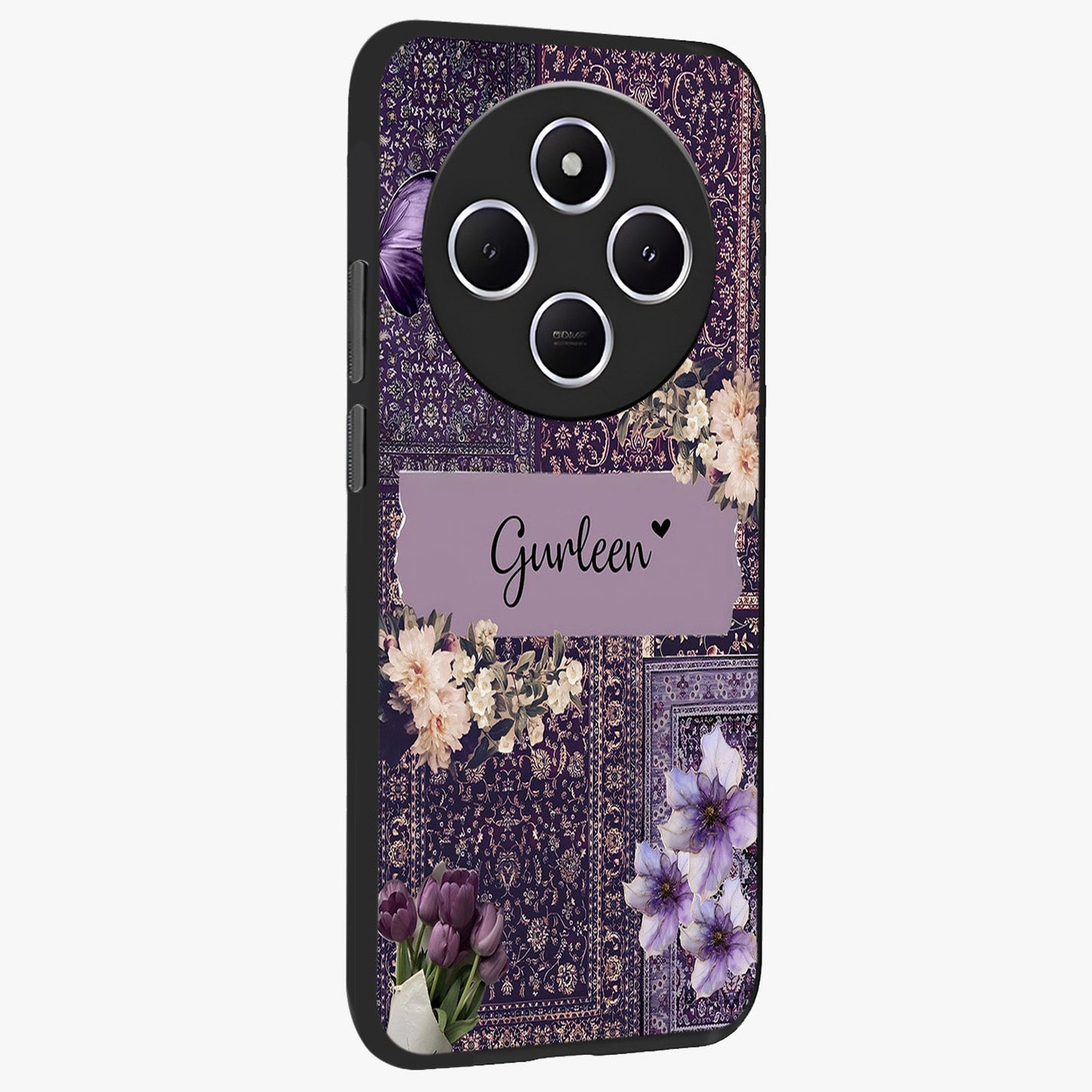Antique Floral Whisper Custom Name Glass Case upright view showcasing delicate floral artwork with custom name feature.