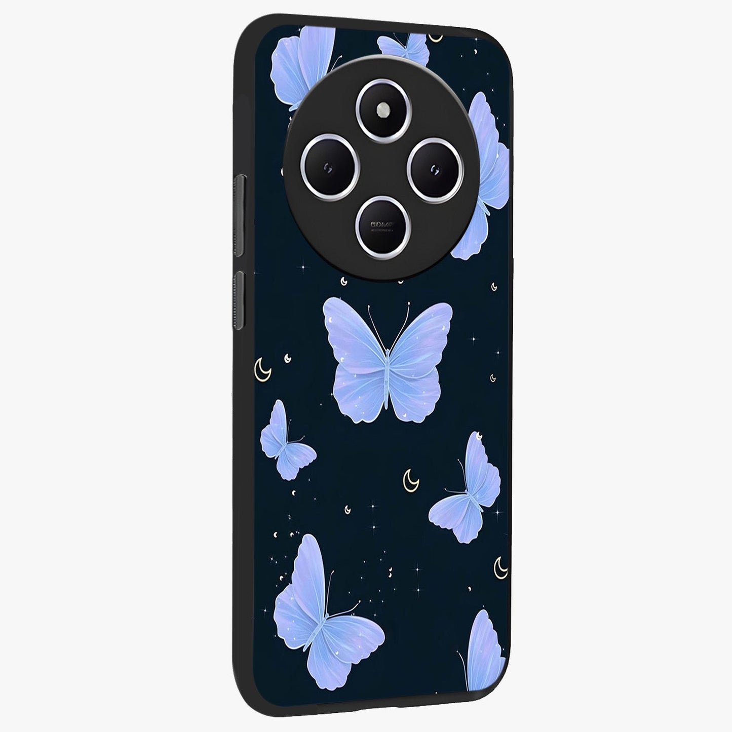 Butterfly With Stars Pattern Glass Case upright view showcasing celestial butterfly artwork with sparkling star elements.