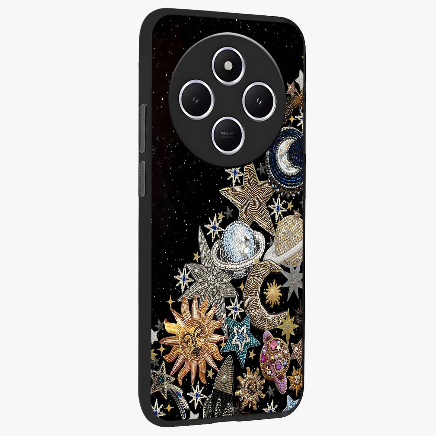 Cosmic Sparkle Dreams Glass Case upright view showcasing glowing cosmic artwork with magical galaxy theme.